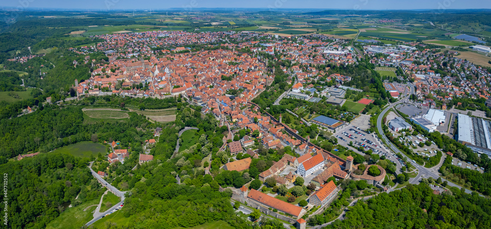 Aerial view of the city Rothenburg ob der Tauber in Germany, Bavaria on a sunny spring day 