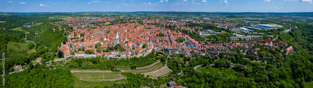 Aerial view of the city Rothenburg ob der Tauber in Germany, Bavaria on a sunny spring day 