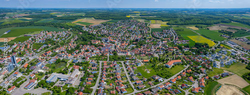 Aerial view of the city Schrozberg in Germany. On a sunny morning in spring.