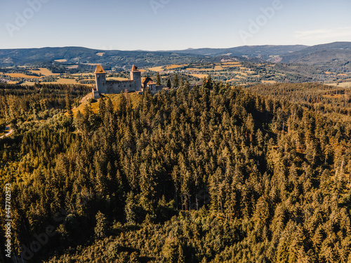 Kasperk Castle in a sunny autumn day. Pusty Hradek viewpoint. South Bohemia, Sumava. Czech Republic photo