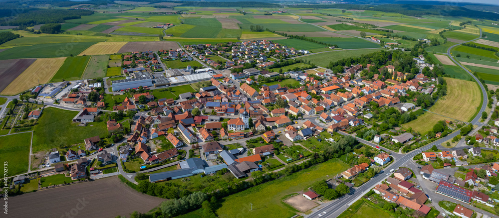 Aerial view of the city Sugenheim in Germany, Bavaria on a sunny spring day