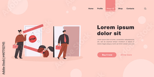 Man and woman having different business possibilities isolated flat vector illustration. Cartoon lady standing in front of close door. Woman discrimination and social inequality concept
