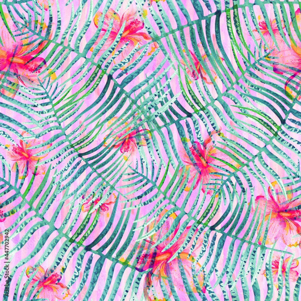 Watercolor tropical pattern of palm branches and hibiscus flowers, floral print in pink and green colors.