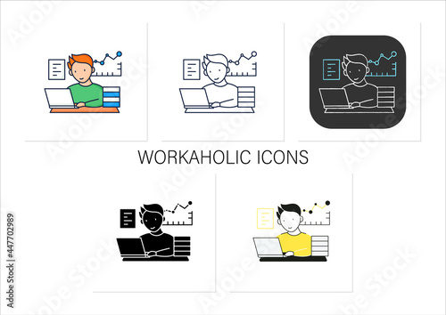 Workaholic icons set.Prevalence workaholism statistics. People number dependent on work. Man at laptop.Collection of icons in linear, filled, color styles.Isolated vector illustrations