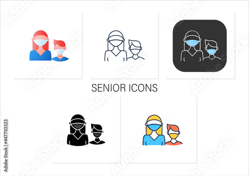 Senior icons set. Professor protection.Second-year student and freshman. Training, studying. Professional development.Collection of icons in linear, filled, color styles.Isolated vector illustrations 
