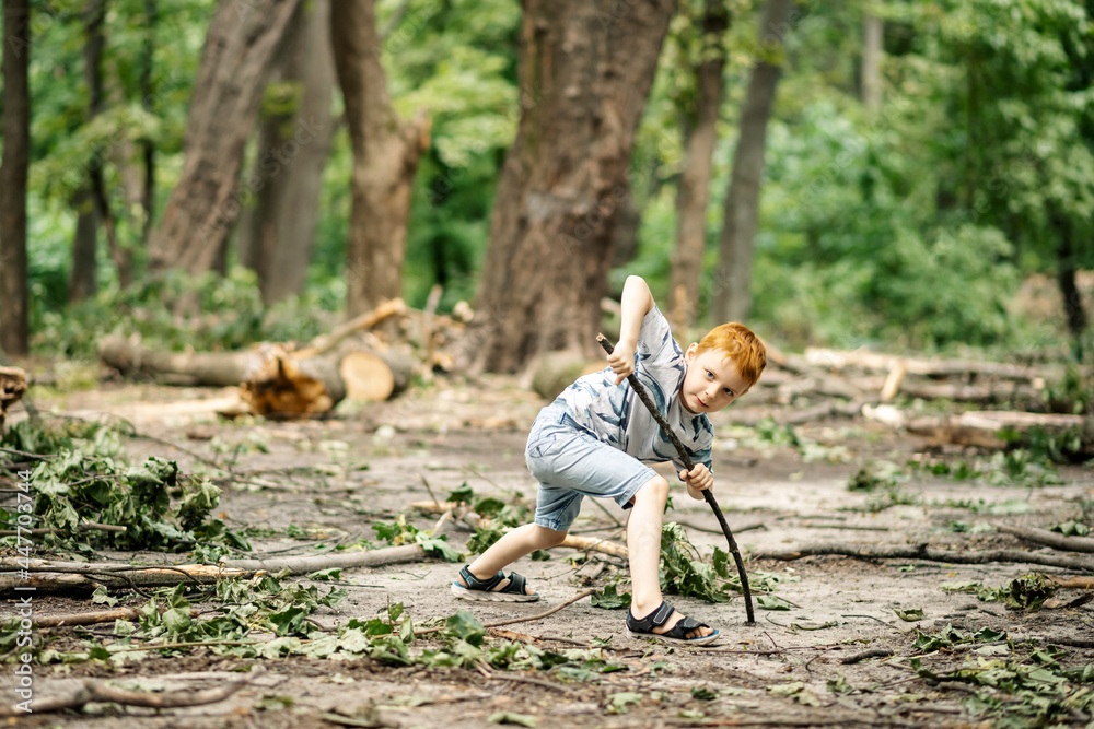 Young boy in the woods in a clearing with a wooden stick.