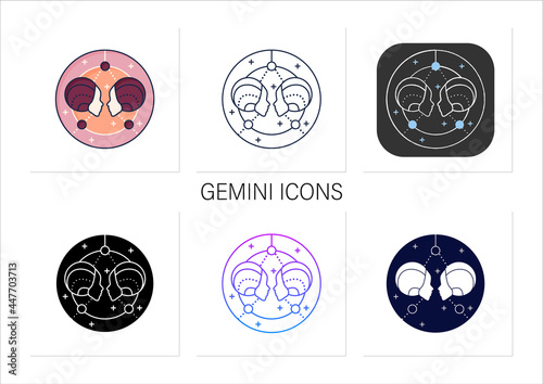 Gemini icons set. Third fire sign in zodiac. Horoscope twins. Mystic horoscope sign. Astrological science concept.Collection of icons in linear, filled, color styles.Isolated vector illustrations