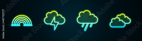 Set line Rainbow, Storm, Cloud with rain and . Glowing neon icon. Vector