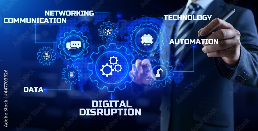 Fototapeta premium Digital disruption industry transformation technology revolution concept. Businessman pressing button on screen.
