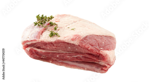 raw beef pork steak with rosemary isolated on white background and clipping path
