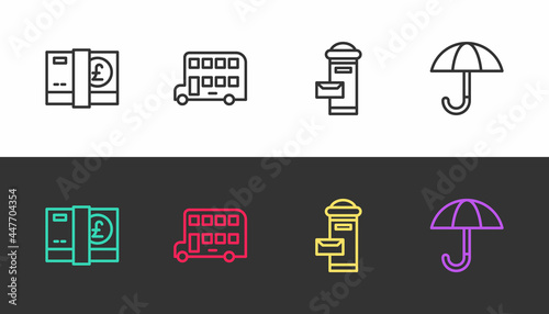 Set line Pound sterling money, Double decker bus, London mail box and Umbrella on black and white. Vector
