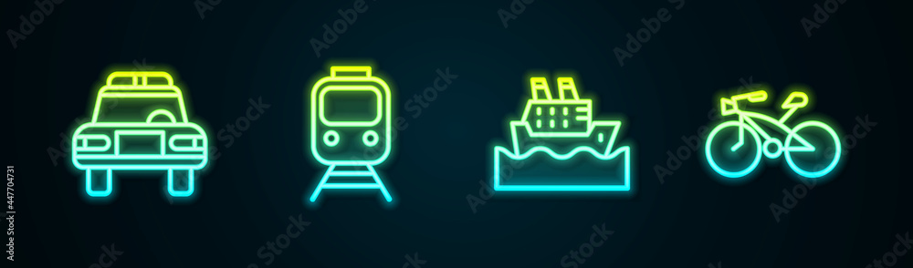 Set line Police car and flasher, Train railway, Cruise ship and Bicycle. Glowing neon icon. Vector Set line Police car and flasher, Train railway, Cruise ship and Bicycle. Glowing neon icon. Vector