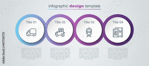 Set line Delivery cargo truck, Tractor, Train and railway and Broken road. Business infographic template. Vector