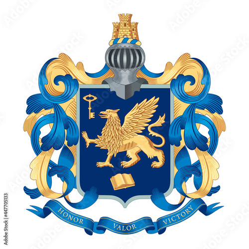 Family coat of arms. Knights helmet and over the shield. In the field of the shield there is a golden griffin, a key and a book. Below is a ribbon with a motto: Honor, Valor, Victory