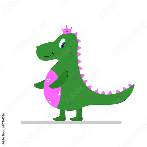 Cute baby dinosaur. Dinosaur girl with crown. Princess dinosaur. Isolated on a white background. Cartoons flat style. Prehistoric reptiles. Vector illustration