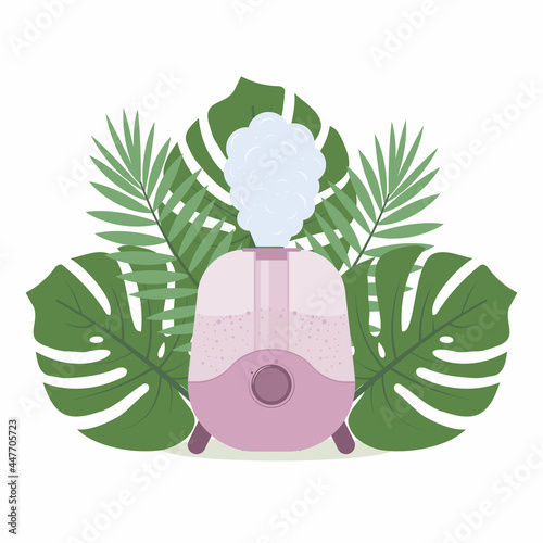 humidifier on the background of tropical leaves, color isolated vector illustration
