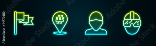 Set line Location marker, Protest, Vandal and Special forces soldier. Glowing neon icon. Vector