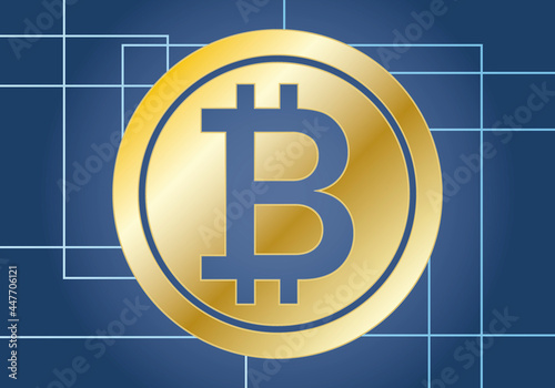 Criptomoneda de Bitcoin dorada en fondo azul.