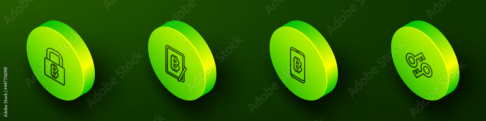 Set Isometric line Lock with bitcoin, Mining from tablet, mobile and Cryptocurrency key icon. Vector Set Isometric line Lock with bitcoin, Mining from tablet, mobile and Cryptocurrency key icon. Vector