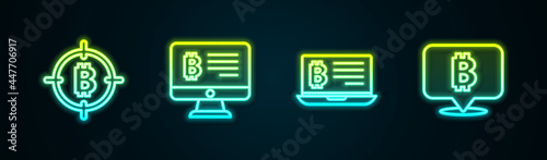 Set line Bitcoin in the target, Mining bitcoin from monitor, laptop and . Glowing neon icon. Vector