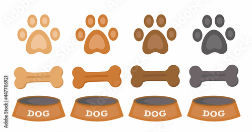 set dog paw, dog bone, dog bowl. brown colors.