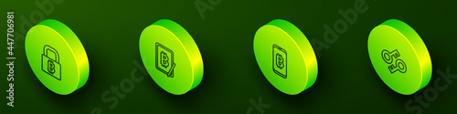 Set Isometric line Lock with bitcoin, Mining from tablet, mobile and Cryptocurrency key icon. Vector
