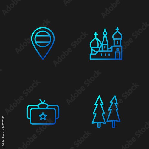 Set line Christmas tree, Ushanka, Location Russia and Saint Basil's Cathedral. Gradient color icons. Vector