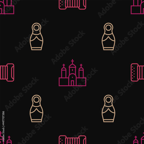 Set line Accordion, Russian doll matryoshka and Church building on seamless pattern. Vector