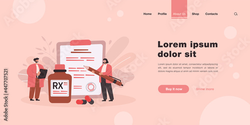 RX prescription flat vector illustration. Cartoon tiny pharmacists recommending therapy and medication with drugs and painkillers to patient. Pharmaceutical industry, medicine concept