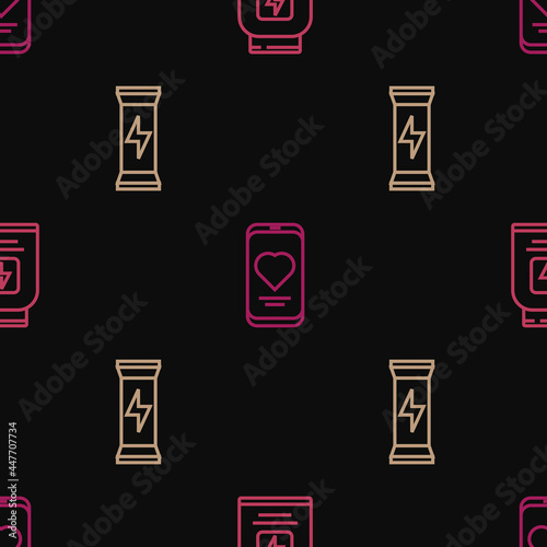 Set line Sports nutrition, and Mobile with heart rate on seamless pattern. Vector