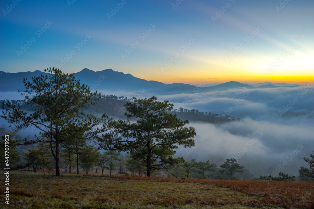 sun and fog in nice day, the shot of landscape LamDong provice 