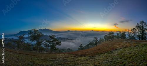 sun and fog in nice day, the shot of landscape LamDong provice , panorama shot photo