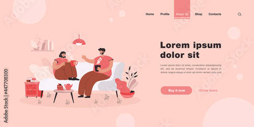 Young couple spending romantic evening together in their apartment. Man and woman sitting on sofa in cozy room, drinking coffee and talking. Vector illustration for love, home, hygge concept