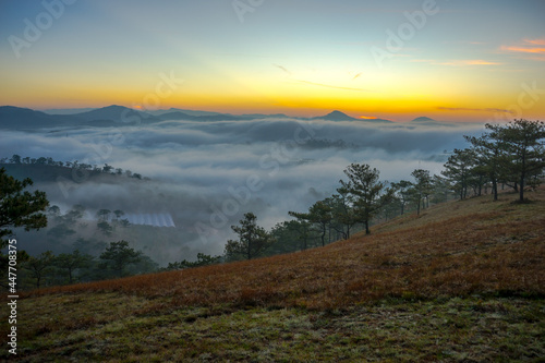 sun and fog in nice day, the shot of landscape LamDong provice  photo