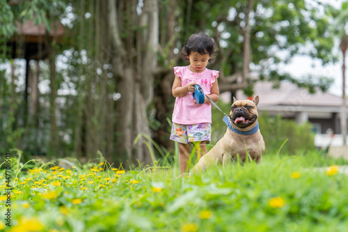 Cute Asian small girl walking hedog photo