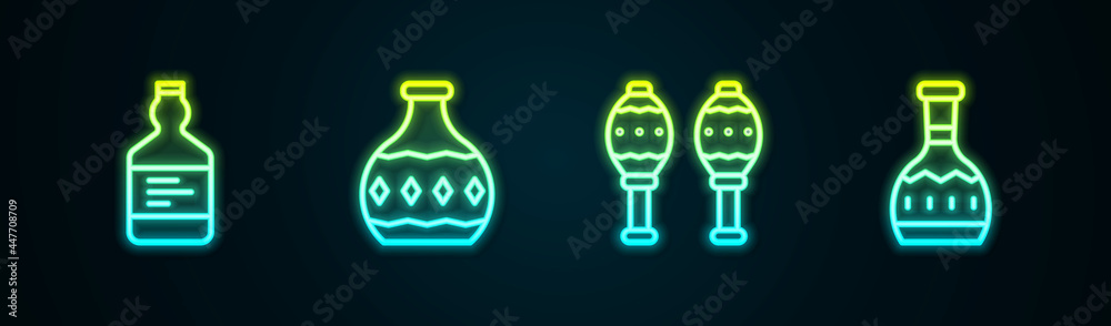 Set line Tequila bottle, , Maracas and . Glowing neon icon. Vector Set line Tequila bottle, , Maracas and . Glowing neon icon. Vector