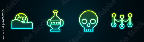 Set line Human skull, Ancient amphorae, and Rope barrier. Glowing neon icon. Vector