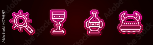 Set line Magnifying glass, Medieval goblet, Ancient amphorae and Viking horned helmet. Glowing neon icon. Vector