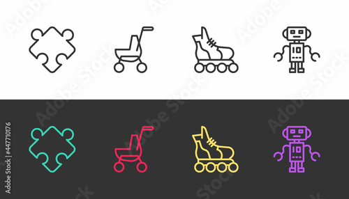 Set line Puzzle pieces toy, Baby stroller, Roller skate and Robot on black and white. Vector