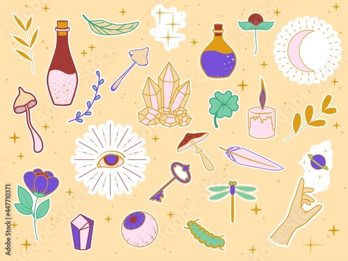 Collection of stickers with magic items. Feathers, plants, eyes, stars, poison bottles, mushrooms, candle, insects, etc. Vector illustration photo