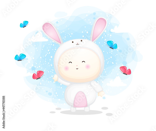 Cute baby in bunny costume holding playing with butterfly. cartoon illustration Premium Vector