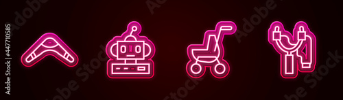 Set line Boomerang, Robot toy, Baby stroller and Slingshot. Glowing neon icon. Vector