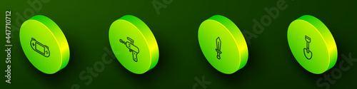 Set Isometric line Portable video game console, Ray gun, Sword toy and Shovel icon. Vector