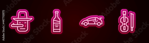 Set line Pinocchio, Bottle of wine, Sport racing car and Violin. Glowing neon icon. Vector