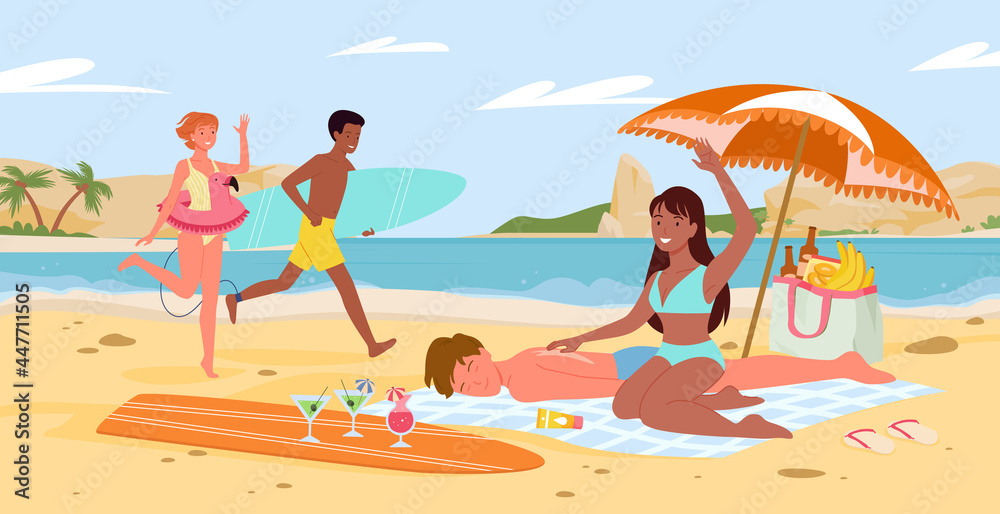 Cartoon seaside panorama scenery with tourist friends or couple characters sunbathe, man surfer with surfboard walking. People on fun summer travel vacation in sea beach landscape vector illustration