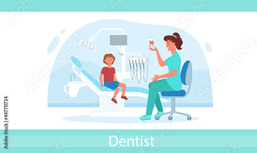 Cartoon dentistry doctor examination with woman medical worker and boy child isolated on white. Kid visits dental pediatric clinic for checkup teeth and gum health infographic vector illustration