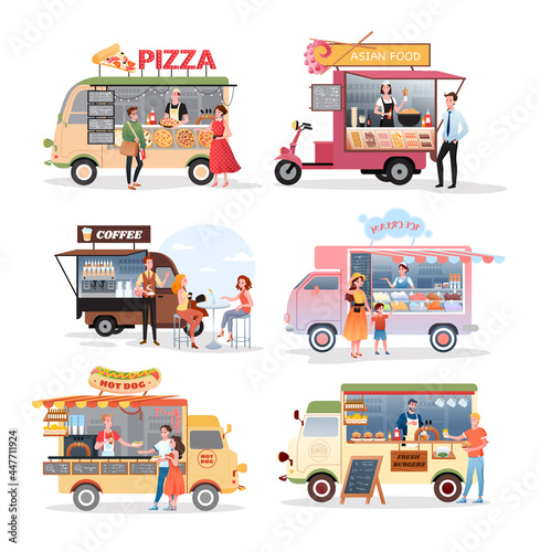 Street market food truck vector illustration set. Cartoon van stall marketplace mini cafe selling pizza asian food burger ice cream hot dog fastfood and coffee drink collection isolated on white
