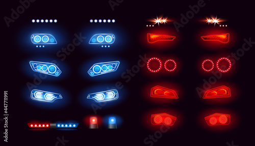 Car headlights bar, led automobile light vector illustration set. Realistic auto lights front view collection with glowing effect in night, bright red blue lamps on vehicle bumper, black background
