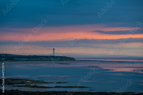 Scottish coastal sunset with lighthouse