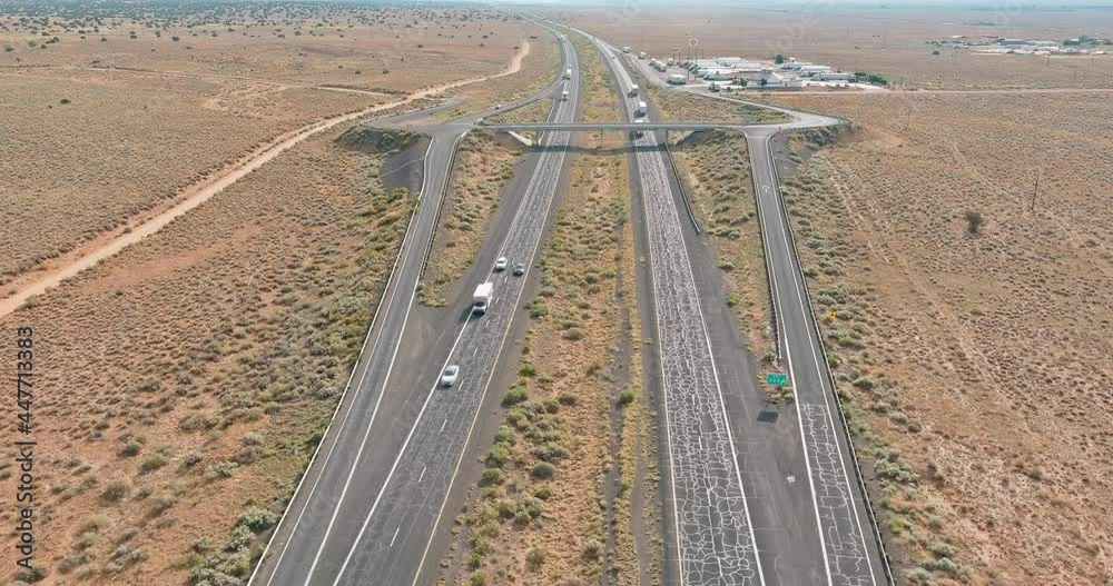04 JULY 2021 Pajarito Reast Area Eastbound New Mexico US: Aerial view of highway rest area with large car park for cars trucks top view of highway in desert Arizona USA